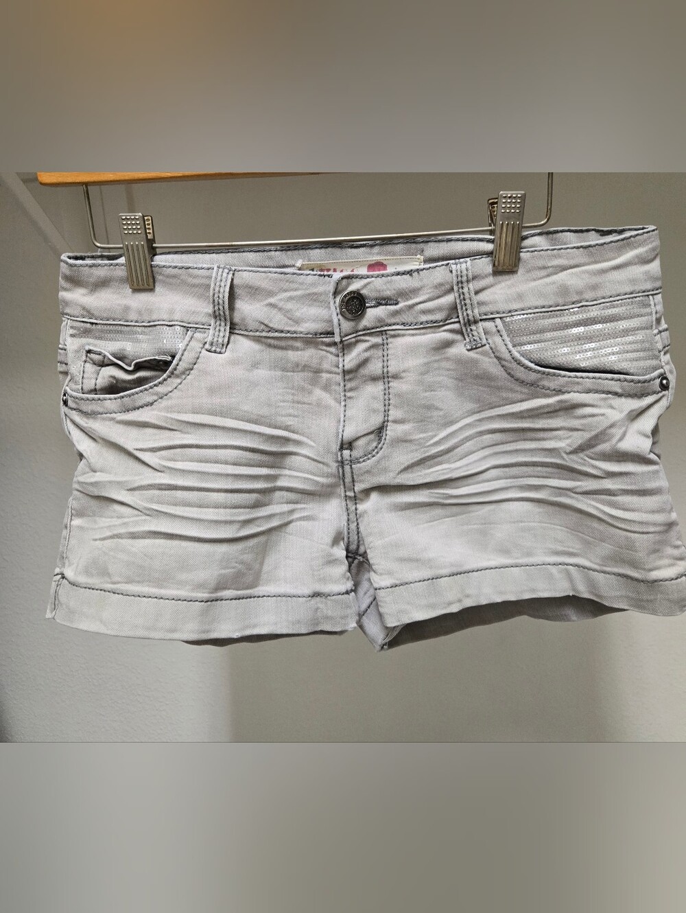 1st KISS Y2K Gray Sequin Pocket Denim Shorts